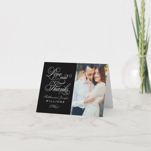 Liefde en Dank Zwart en Zilver Huwelijksfoto Bedankkaart (Voorkant)