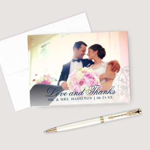 Liefde en Dankbaarheid Navy Blauwe Huwelijksfoto Bedankkaart