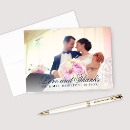 Liefde en Dankbaarheid Navy Blauwe Trouwfoto Bedankkaart