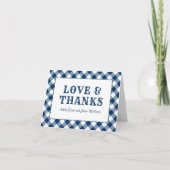 Liefde en Dankbaarheid Navy Gingham BBQ Bruiloft Bedankkaart (Voorkant)