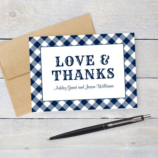 Liefde en Dankbaarheid Navy Gingham BBQ Bruiloft Bedankkaart