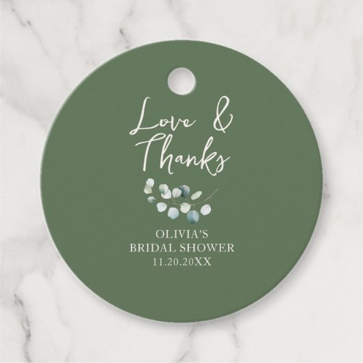Liefde en Dankbaarheid Script Eucalyptus Bruidsdou Bedankjes Labels (Voorkant)