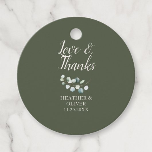 Liefde en Dankbaarheid Script Eucalyptus Bruiloft Bedankjes Labels (Voorkant)