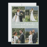 Liefde en Dankbaarheid Script Sage Groen Collage T Bedankkaart<br><div class="desc">Elegante, minimalistische saliegroen en witte handgeschreven script 4 foto collage gepersonaliseerde trouwkaart bedankkaart. Stijlvolle trouw bedankkaart sjabloon met vier (4) foto's aan de voorkant en één (1) foto aan de achterkant. Met de tekst "Liefde en dank" in een kronkelige handgeschreven typografie met zwierende staart lettertype in witte kleur op een...</div>