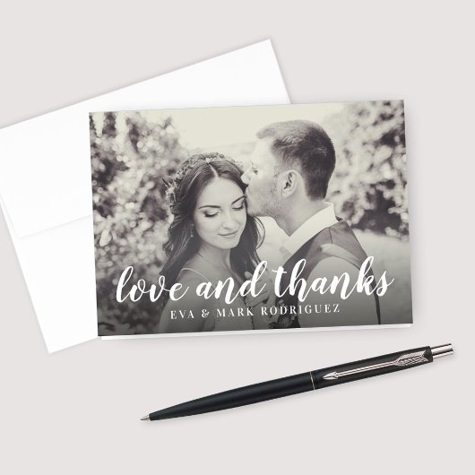 Liefde en Dankbaarheid Witte Script Trouw Sepia Fo Bedankkaart