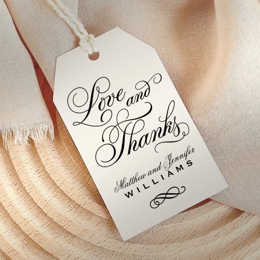 Liefde en Dankbaarheid Zwart Ivoor Monogram Trouwf Cadeaulabel