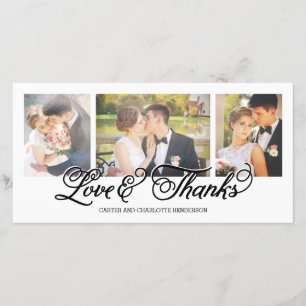 Liefde en dankbaarheid Zwarte Script 3-foto Bedankkaart