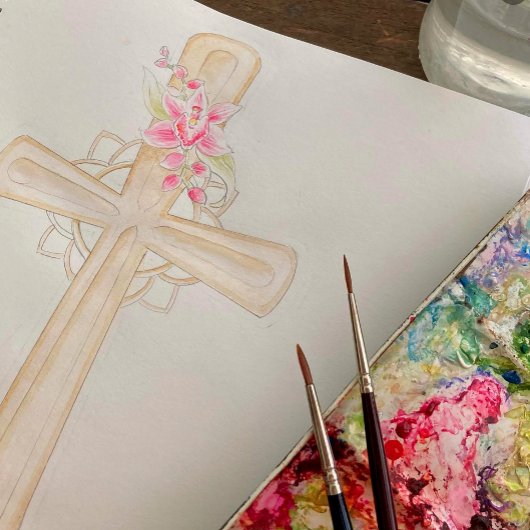 Liefde en geloof bloemenkruis waterverf t-shirt