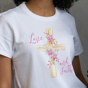 Liefde en geloof bloemenkruis waterverf t-shirt