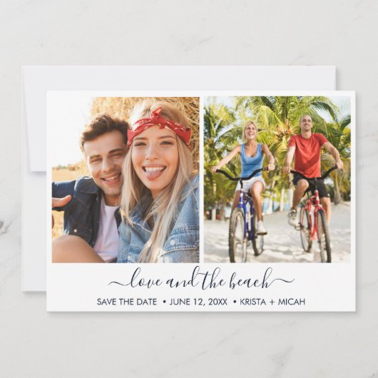Liefde en het strand twee foto bruiloft save the date (Voorkant)