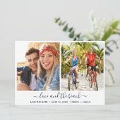 Liefde en het strand twee foto bruiloft save the date (Staand voorkant)