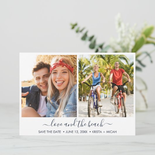 Liefde en het strand twee foto bruiloft save the date (Staand voorkant)