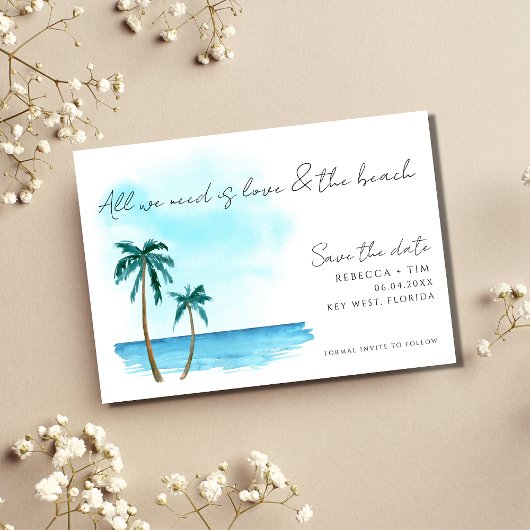 Liefde en het strand Waterverf palm Wedding Save The Date