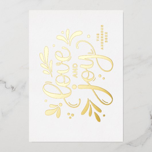 Liefde en Joy. Gold Kerstscript kalligrafie Folie Feestdagenkaart (Voorkant)