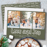 Liefde en Joy Outline Lettering 3 Verticale Foto H Feestdagenkaart<br><div class="desc">Love and Joy 3 Photo Holiday Kaart met modern overzichtslettering en casual scripttypografie. Het fotomalplaatje is klaar voor u om 3 van uw favoriete foto's toe te voegen, die in verticaal, portretformaat worden getoond. Op de kerstkaart staat: "Liefde en Joy ... kunnen al je kerstwensen uitkomen", gevolgd door je gepersonaliseerde...</div>