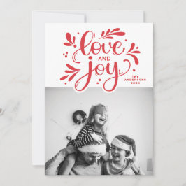 Liefde en Joy. Rood kerstscript kalligrafie Feestdagenkaart