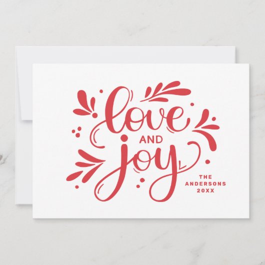 Liefde en Joy. Rood kerstscript kalligrafie Feestdagenkaart (Voorkant)