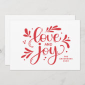Liefde en Joy. Rood kerstscript kalligrafie Feestdagenkaart (Voorkant / Achterkant)