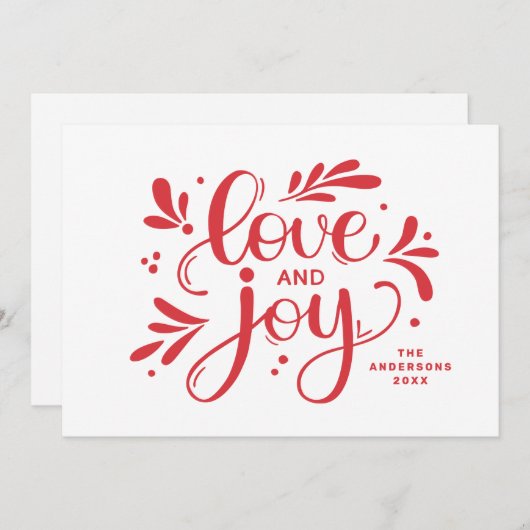 Liefde en Joy. Rood kerstscript kalligrafie Feestdagenkaart (Voorkant / Achterkant)