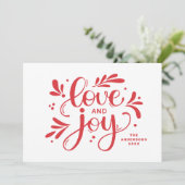 Liefde en Joy. Rood kerstscript kalligrafie Feestdagenkaart (Staand voorkant)