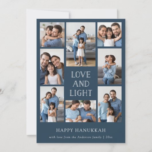 Liefde en Licht | Blauwe Multi Foto Familie Hanukk Feestdagenkaart (Voorkant)