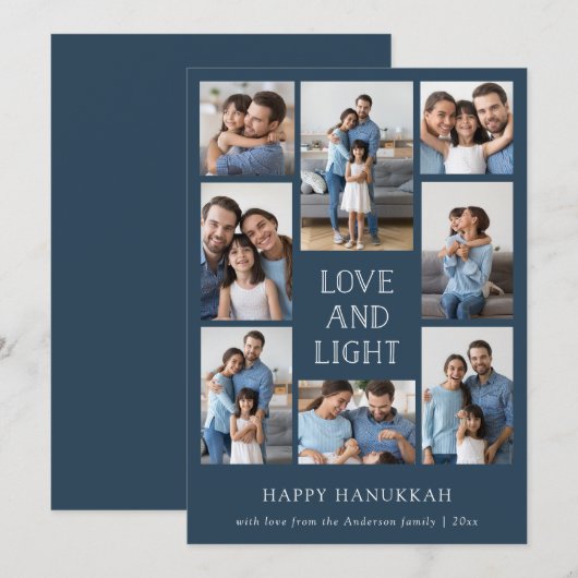 Liefde en Licht | Blauwe Multi Foto Familie Hanukk Feestdagenkaart (Voorkant / Achterkant)
