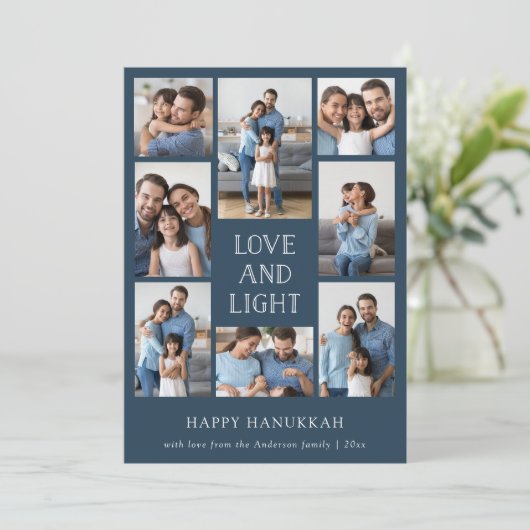 Liefde en Licht | Blauwe Multi Foto Familie Hanukk Feestdagenkaart (Staand voorkant)