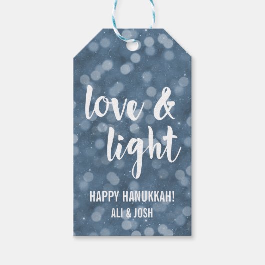 Liefde en licht | Blue Bokeh Hanukkah Cadeaulabel (Voorkant)