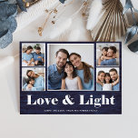 Liefde en licht| Hanukkah Blue Rustic Photo Grid Feestdagenkaart<br><div class="desc">Deze eenvoudige en netelige multifoto-Hanukkah-kaart zegt: "Liefde & licht" in witte, moderne typografie op een blauwe achtergrond met een vijf foto-raster aan de voorzijde van de kaart. De rug bevat twee meer foto's, plus een vlek om uw eigen persoonlijk bericht toe te voegen. Een leuke en stijlvolle manier om te...</div>