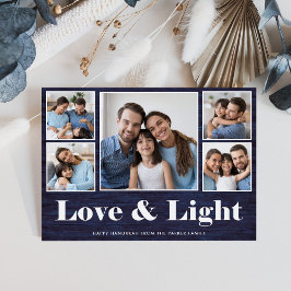Liefde en licht| Hanukkah Blue Rustic Photo Grid Feestdagenkaart