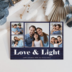 Liefde en licht  Hanukkah Blue Rustic Photo Grid Feestdagenkaart
