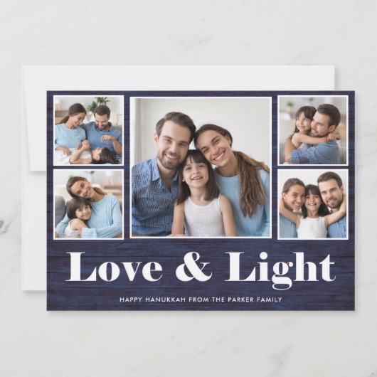 Liefde en licht| Hanukkah Blue Rustic Photo Grid Feestdagenkaart (Voorkant)