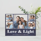 Liefde en licht| Hanukkah Blue Rustic Photo Grid Feestdagenkaart (Staand voorkant)