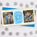 Liefde en Licht Hanukkah Wenskaart Feestdagenkaart<br><div class="desc">Stuur hartelijke Hanukkah-wensen met deze moderne fotokaart met het thema “Liefde & Licht”, ideaal om het seizoen met familie en vrienden te vieren. Deze kaart heeft een opvallende blauwe typografie met vrolijke krullen, een gouden glinsterende rand en ruimte voor twee aangepaste foto's, waarmee dit ontwerp traditie combineert met eigentijdse charme....</div>