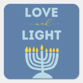 "Liefde en Licht" Joodse Menorah Blauwe Chanoeka Vierkante Sticker (Voorkant)