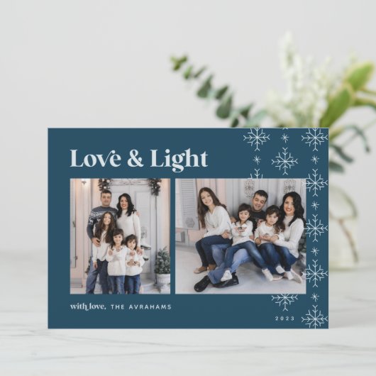 Liefde en licht | Modern Snowflakes Hanukkah Feestdagenkaart (Staand voorkant)