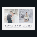 Liefde en Licht | Moderne Chanoeka Twee Foto Feestdagenkaart<br><div class="desc">Deze elegante,  eenvoudige kaarteigenschappen twee van de Chanoeka van uw persoonlijke foto's,  en de woorden "liefde en licht" in middernacht blauwe teksten. De rug bevat een trendy bladontwerp want een totaal modieuze vakantie eruit ziet.</div>