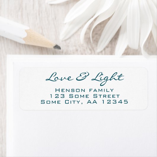Liefde en Licht Script Blauw Groen Kerstadres Etiket (Insitu)