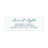 Liefde en Licht Script Blauw Groen Kerstadres Etiket (Voorkant)