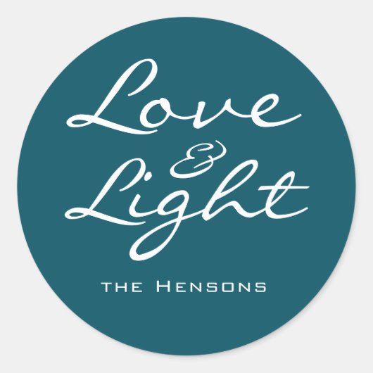 Liefde en Licht Script Blauw Groen Naam Kerstmis Ronde Sticker (Voorkant)