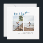 Liefde en lichte Moderne Minimalistische Foto Hanu Feestdagenkaart<br><div class="desc">Moderne,  minimalistische typografische vormgeving "Love & Light" Hanukkah-fotokaart. Eigenschappen,  twee verticale gecentreerde fotoruimten,  blauw manuscript en het coördineren stevige kleur het steunen. De tekstlijnen van de sjabloon voor korte groet,  familienaam en jaar.</div>