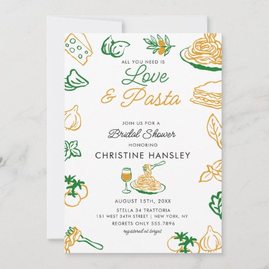 Liefde en pasta handgetekende bruidsdouche kaart (Voorkant)