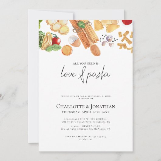 Liefde en Pasta Italiaans Modern Repetitie Diner Kaart (Voorkant)