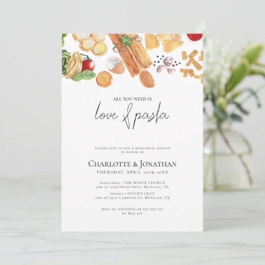 Liefde en Pasta Italiaans Modern Repetitie Diner Kaart (Staand voorkant)
