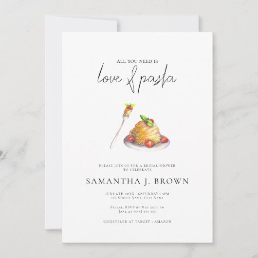 Liefde en Pasta Waterverf Italiaans Vrijgezellenfe Kaart (Voorkant)