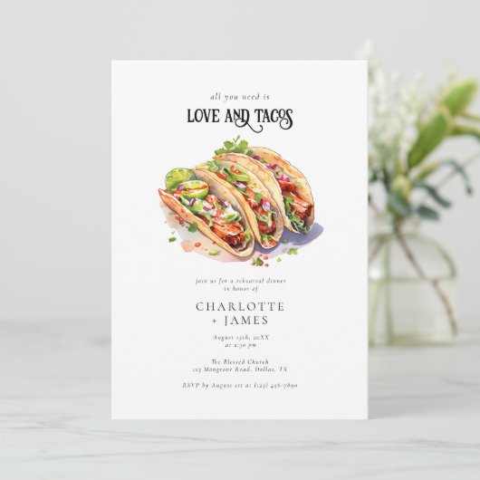 Liefde en Tacos Foto Huwelijksrepetitie Diner Kaart (Staand voorkant)