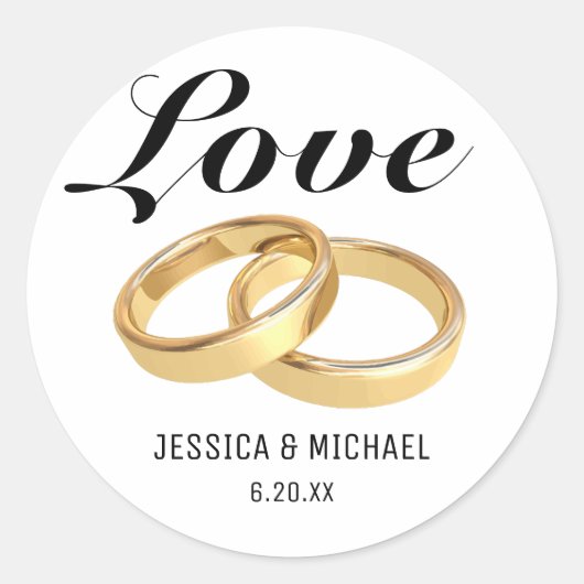 Liefde en trouwringen, bruid bruidegom namen ronde sticker (Voorkant)