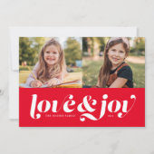 Liefde en vreugde rood twee foto feestdagenkaart (Voorkant)