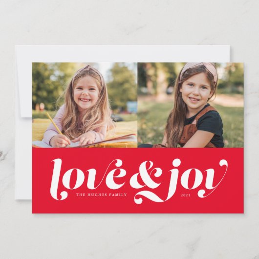 Liefde en vreugde rood twee foto feestdagenkaart (Voorkant)