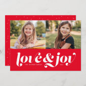 Liefde en vreugde rood twee foto feestdagenkaart (Voorkant / Achterkant)